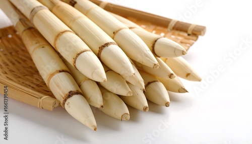 Elegant bunch of white lotus root sections on a traditional bamboo tray close-up