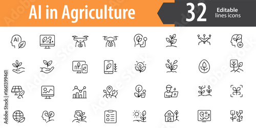 AI in Agriculture Line Icons Set, Artificial Intelligence, Smart Farming, Crop Monitoring, Irrigation, and Precision Agriculture, Editable Formats: AI, EPS, JPG, PNG, Ideal for Both Digital and Print 