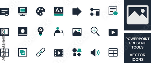 PowerPoint presentation icon set with charts, slides, projectors, screens, and meeting symbols. Ideal for business, education, reports, conferences, and professional design projects.