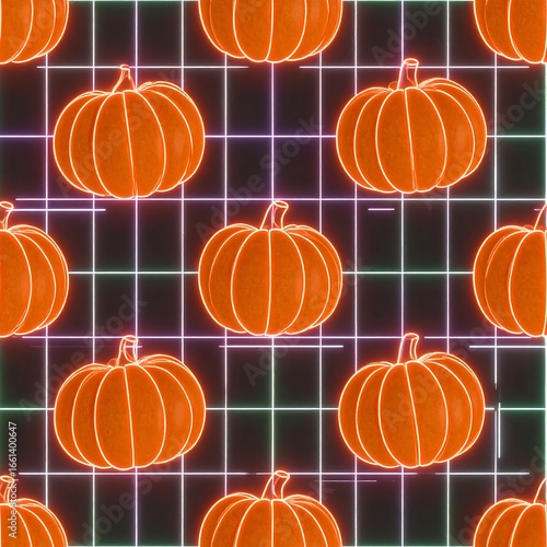 Neon Pumpkins Grid Pattern, Autumn Design