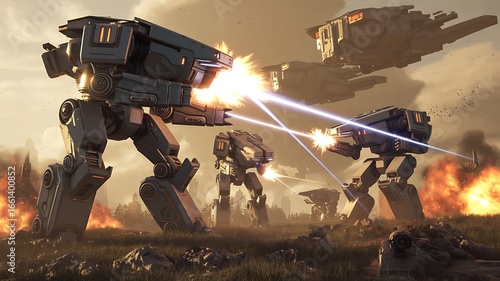 Epic robotic battle futuristic mech warriors engaged in intense combat with laser fire and explosions