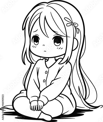 Cute anime girl sitting in flower field, black and white line art, kawaii character illustration, peaceful drawing for coloring book