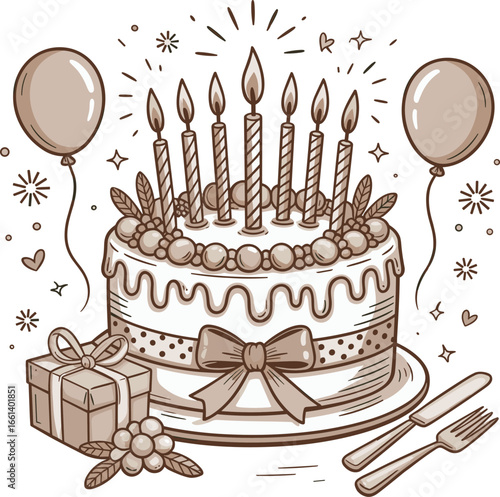 Happy birthday cake with candles, floral decoration, festive balloons, gift boxes, celebration illustration, greeting card style, colorful hand-drawn art
