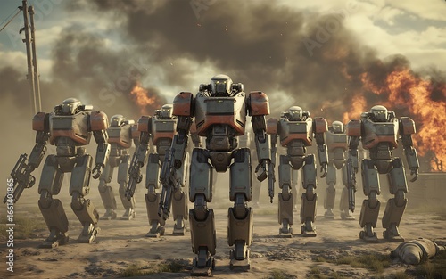 Futuristic army of heavily armored combat robots marching forward across a battlefield with smoke and fire in the background