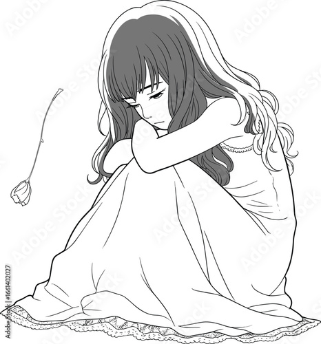 Sad anime girl sitting under blossom branch, black and white illustration, emotional artwork, melancholic mood, delicate line art drawing