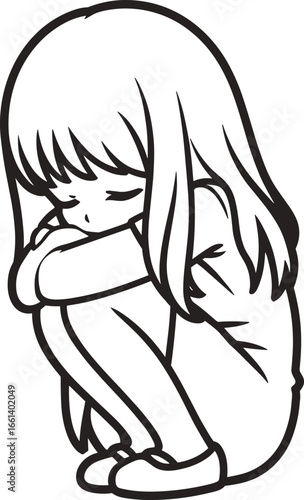 Sad anime girl sitting under blossom branch, black and white illustration, emotional artwork, melancholic mood, delicate line art drawing