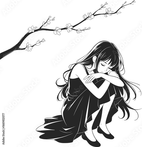 Sad anime girl sitting under blossom branch, black and white illustration, emotional artwork, melancholic mood, delicate line art drawing