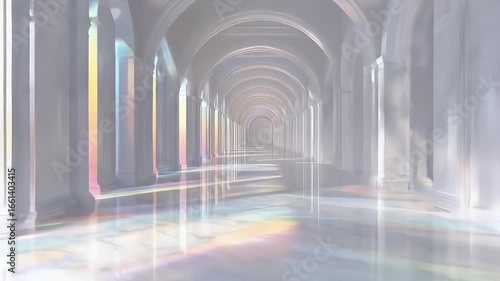 A serene, arched hallway.  Light plays on the polished floor