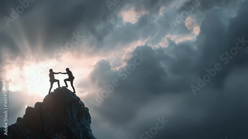 Two figures ascending a mountain peak under a dramatic sky