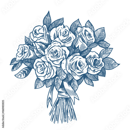 Toile de Jouy inspired wedding bouquet illustration. Wedding hand dawn ceremony icon. Elegant line art minimalist venue sketch. Elements for wedding, monogram, invitation, greeting, birthday card.