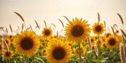 Golden sunflowers bask in summer sun, tall stalks swaying gently in a vast field, agriculture, landscape