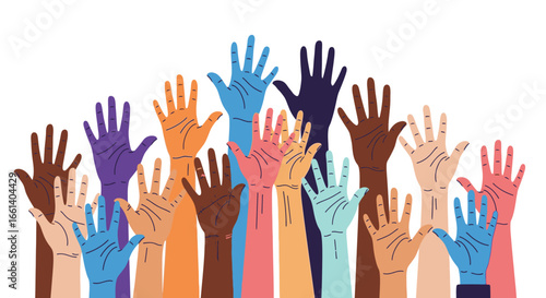 Diverse hands reaching up, a visual representation of unity and participation.
