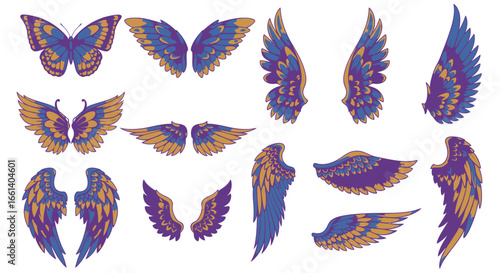 Collection of various detailed angel wings in different poses and color combinations.