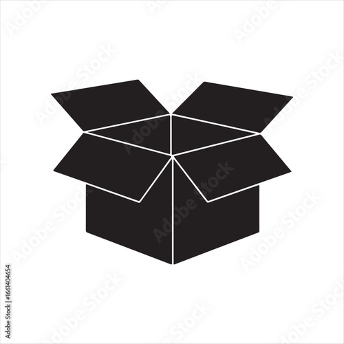 Black and white icon of an open cardboard box with flaps extended vector illustration