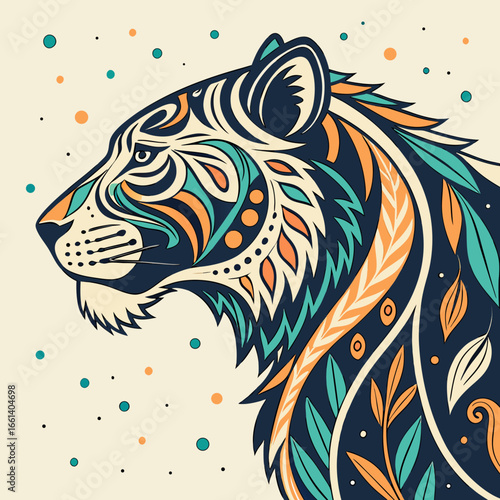 Illustration of a tiger head with decorative patterns, showcasing a blend of wildlife and artistic design elements for a unique and eyecatching visual