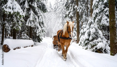 Powerful Horse Pulling Logs on Sled Through Snowy Winter Forest Path