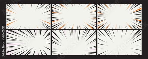 Comic speed line backgrounds set. Dynamic manga action burst frames. Horizontal zoom and motion effects for posters, comics, anime, pop art design, creative visual.