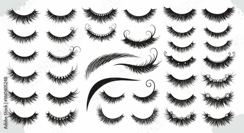 Collection of various decorative false eyelashes and eyebrow designs.