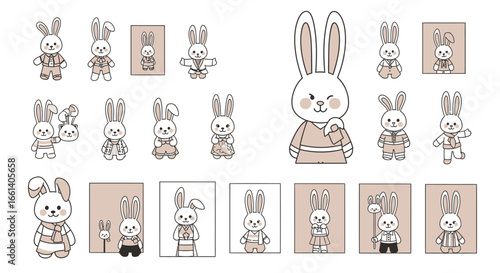 Adorable illustrated bunnies showcase diverse outfits and expressions for charming designs