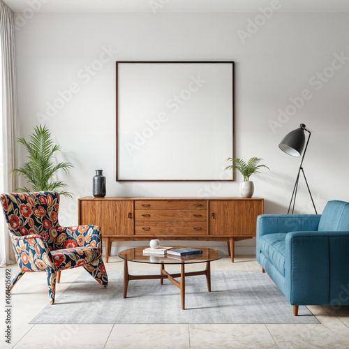 square blank frame mockup in modern living room interior. Minimal wall art canvas design template for posters and artwork. 3D render home decor background.	
