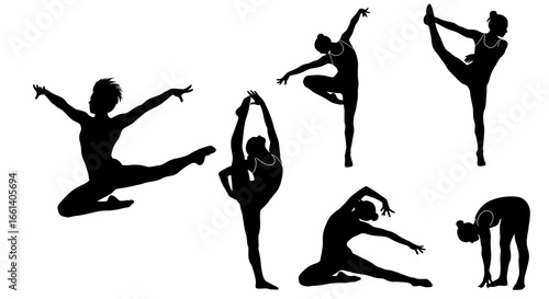 A collection of silhouette figures demonstrating various gymnastic and dance poses against a white background.