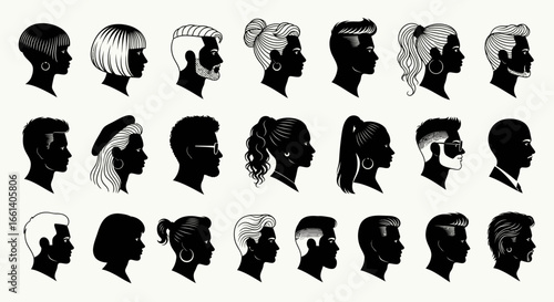 A collection of diverse head silhouettes in profile, showcasing various hairstyles and facial features against a plain background.