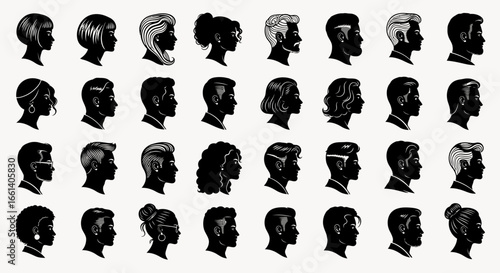 A collection of diverse head silhouettes in profile, showcasing various hairstyles and facial features against a plain background.