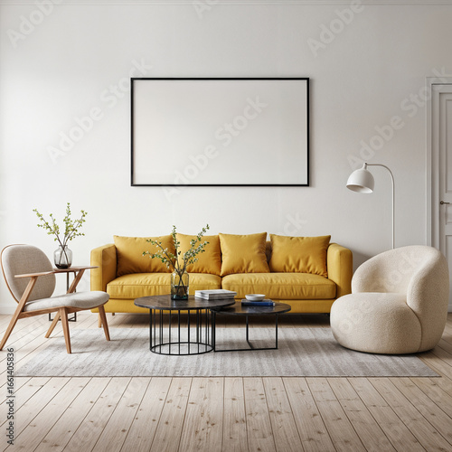 horizontal Frame mockup, landscape paper size. Living room wall blank poster mockup. Interior mockup with house background. Modern interior design. 3D render	
