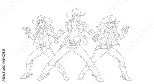 Line art illustration of a cowboy and two cowgirls standing with guns drawn, wearing hats and western attire, in a dynamic pose.