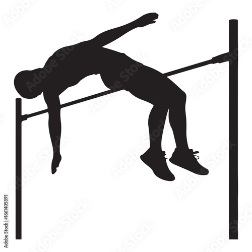Athlete silhouetted performing high jump over bar