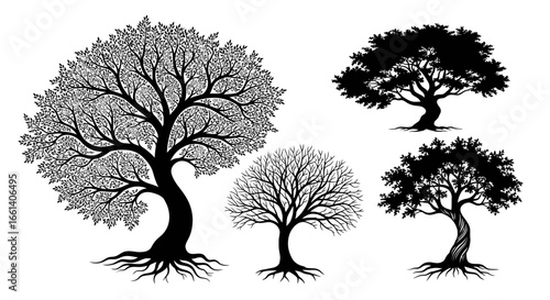 Four stylized tree silhouettes in grayscale and black ink, showcasing different variations in foliage and trunk shapes.