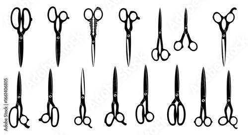 Various types of black silhouette scissors on a white background.