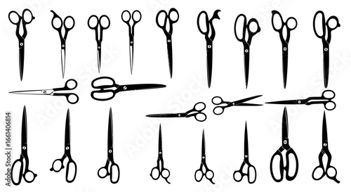 Various types of black silhouette scissors in different orientations.
