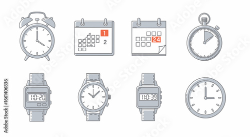 Collection of simple line art illustrations of various timekeeping devices.