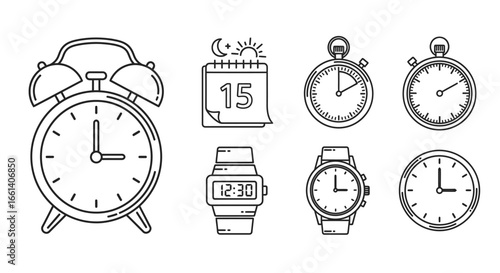 Collection of hand-drawn timekeeping devices: alarm clock, wristwatches, stopwatch, calendar.