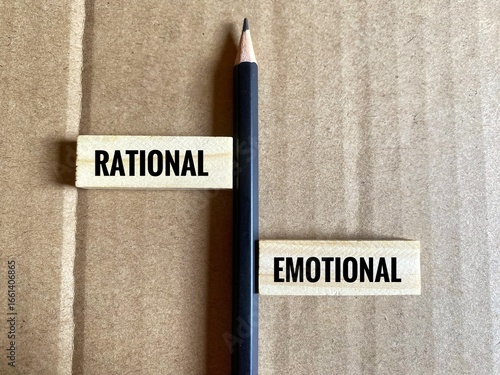 Word Rational and Emotional on wooden blocks with pencil over cardboard surface.