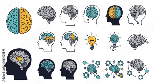 Collection of brain illustrations depicting hemispheres, ideas, and cognitive processes.