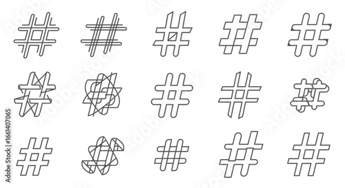 A collection of diverse hashtag symbol variations, creatively designed in a linear style.