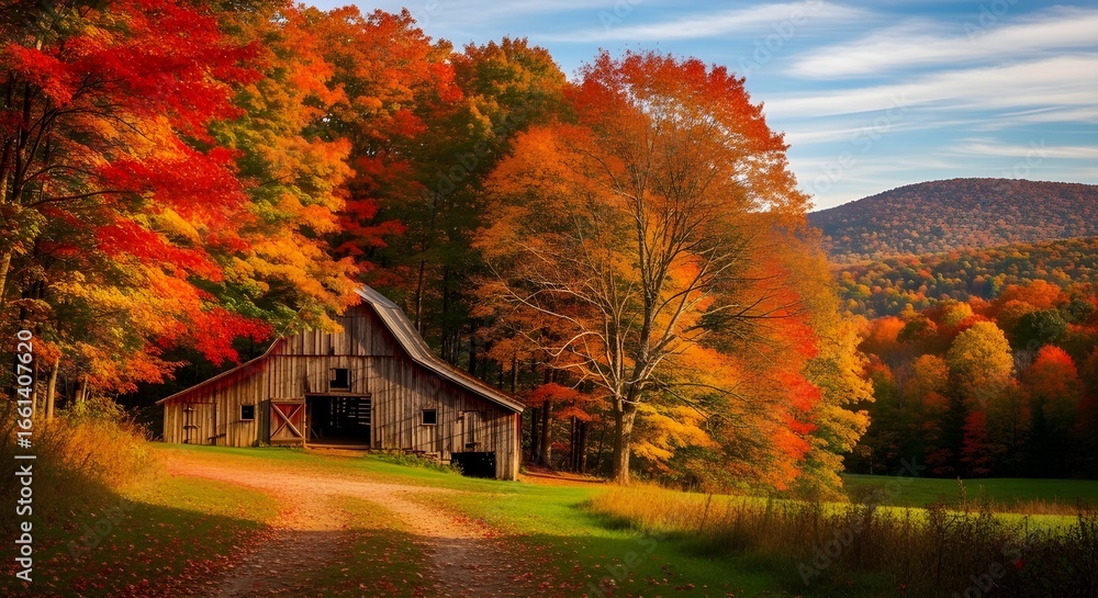 Obraz premium Picturesque Rustic Barn in Autumn Countryside with Vibrant Fall Foliage and Hills