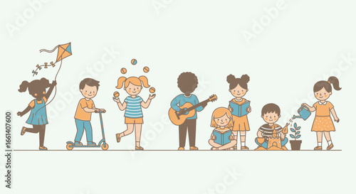 Happy diverse children engaged in various playful activities outdoors.