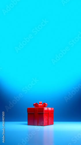 minimal vertical image of a red gift box on a clean blue background.  birthday present and a thoughtful card, is perfect for a social media story or reel