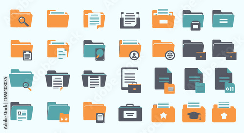 Collection of various colorful file folder icons, each containing different documents and symbols.