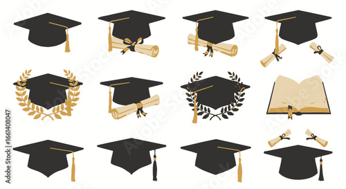 Collection of graduation caps and scrolls, representing academic achievement and ceremony symbols.