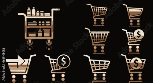A collection of stylized shopping cart icons, representing various retail and commerce concepts.