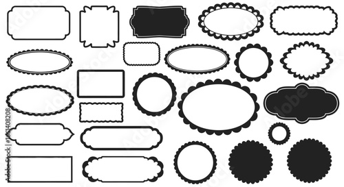A collection of various decorative frames and borders in black and white, featuring different shapes and styles.