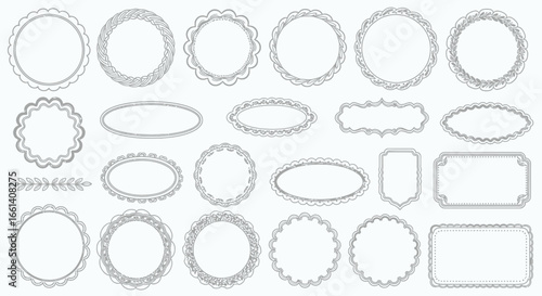 Collection of various decorative frames and borders in black outlines, including circles, ovals, rectangles, and unique shapes, all with intricate, ornamental designs.
