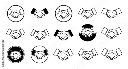 A collection of fifteen handshake icons, depicted in black and white, showcasing various styles and presentations of the gesture.