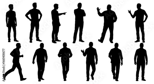 Silhouetted figures in various poses, depicting different stances and actions, all black.