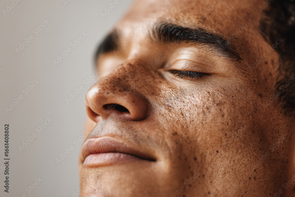 Obraz premium closeup portrait of young man with flared nostrils taking deep breath essence of his emotions