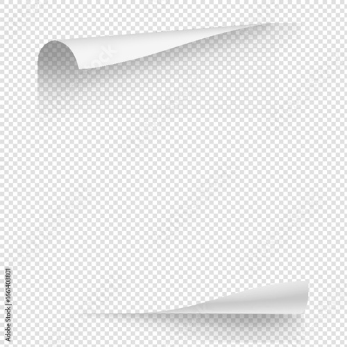 White empty gradient paper curl with shadow isolated on transparent background. Realistic sticker paper page note for notice. Vector mockup illustration